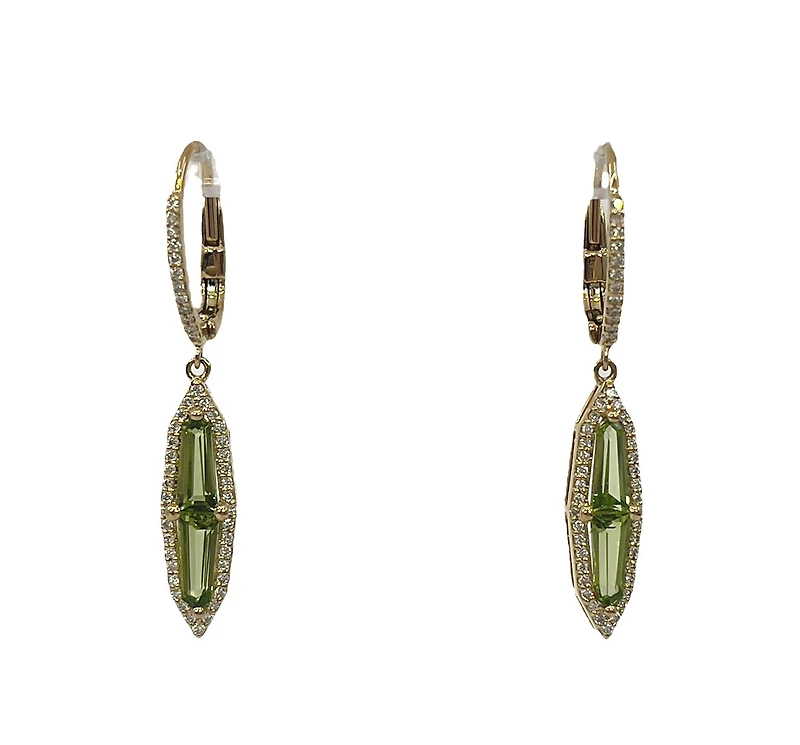 14K Yellow Gold 1.61cttw Peridot and 0.30cttw Diamond Dangle Earrings