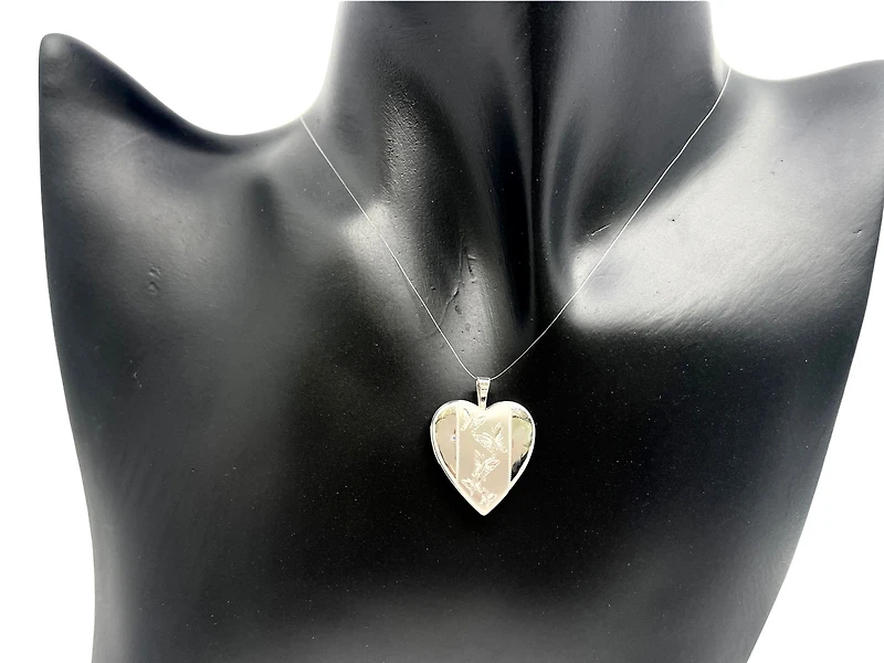 925 Sterling Silver Etched Butterflies Heart Shaped Locket - 19mm x 21mm