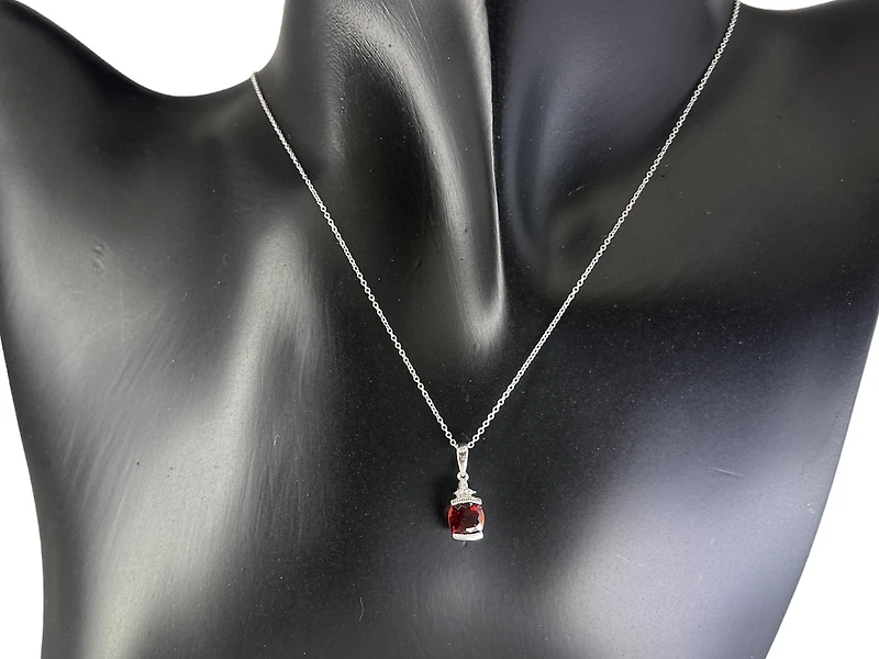 10K White Gold 6mm Garnet and 0.007cttw Diamond Necklace - 18 Inches