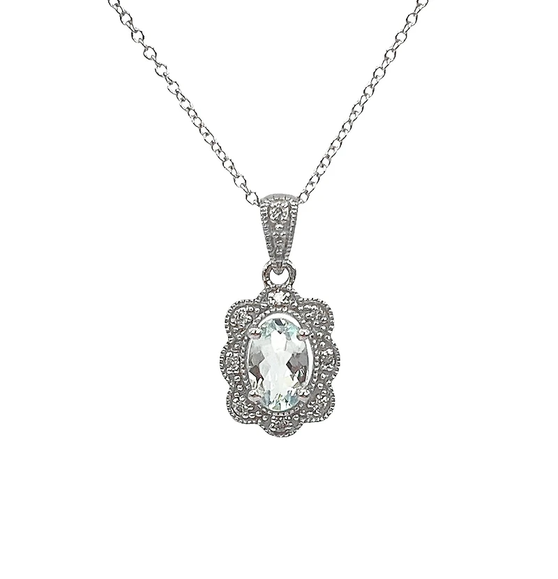 10K White Gold 0.35cttw Aquamarine and 0.039cttw Diamond Pendant - 18"