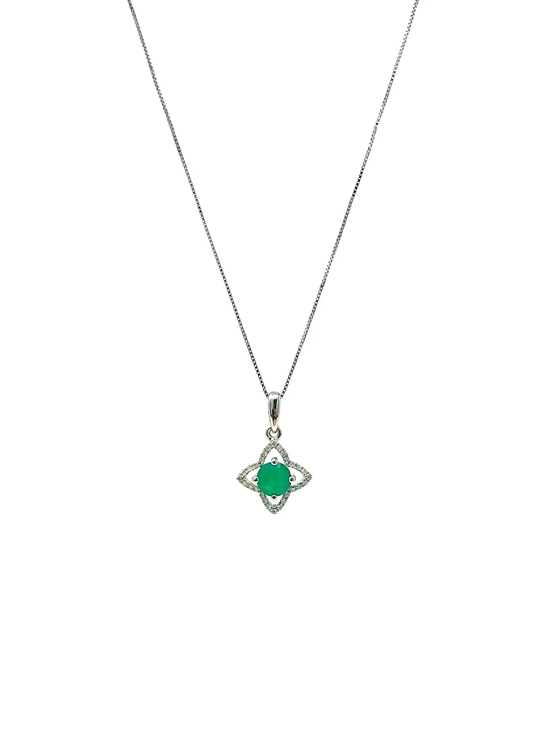 10/14K White Gold Emerald and Diamond Pendant, 18"