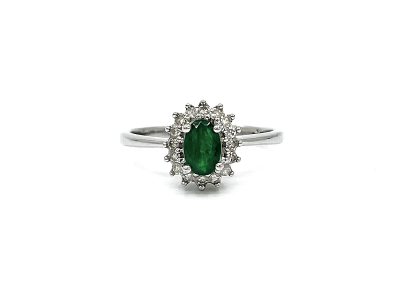 10K White Gold Emerald & 0.16cttw Diamond Ring, size 6.5