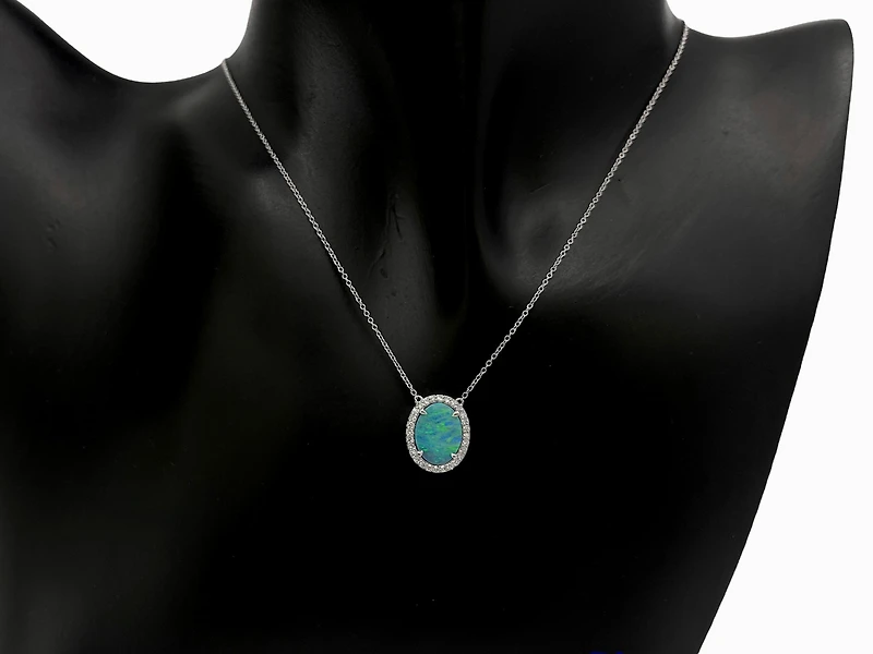 10K White Gold Custom Made Australian Opal Doublet and Diamond Pendant, 18"