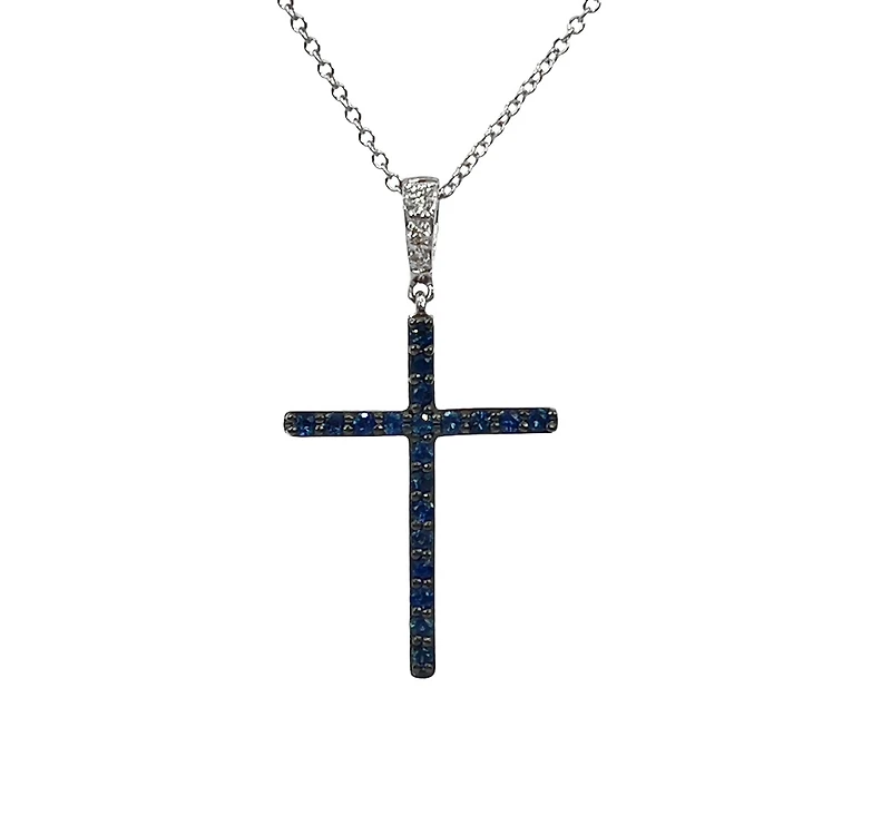 10K White Gold 0.20cttw Sapphire and 0.03cttw Diamond Cross Pendant - 18 inches