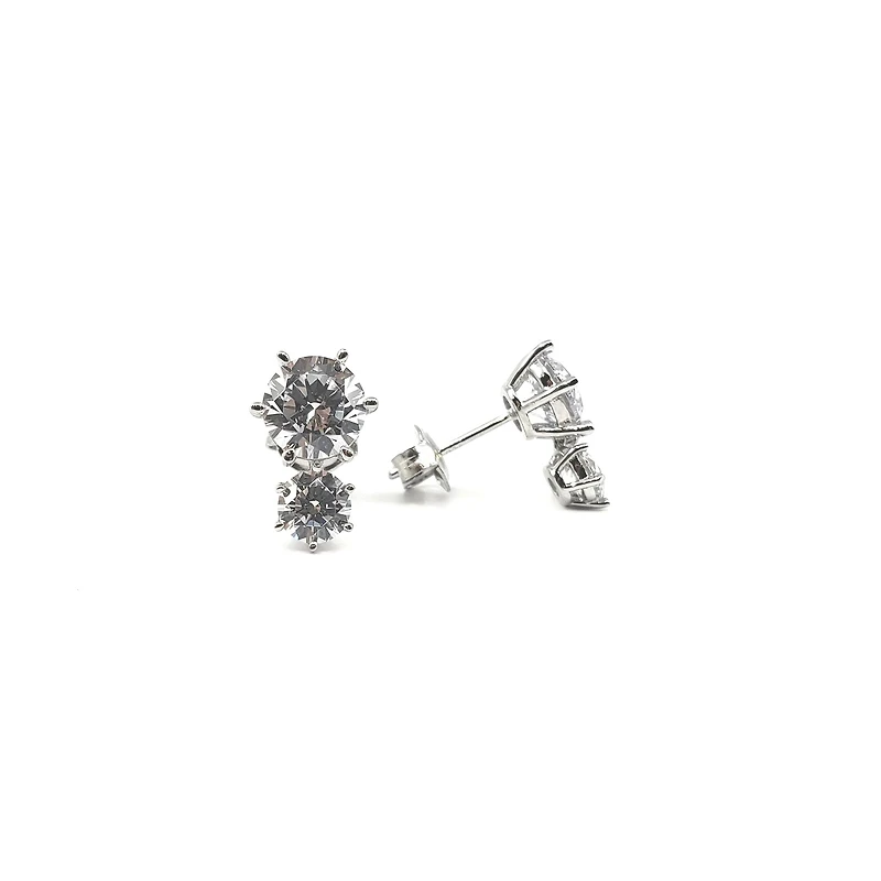 925 Sterling Silver 2 Tier Drop Round Cubic Zirconia Stud Earring - 13mm x 8.5mm
