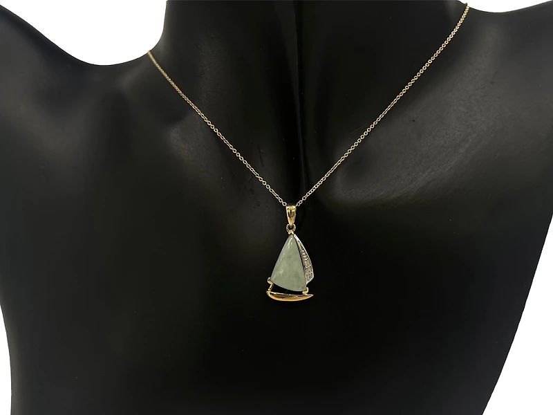 10K Yellow Gold Sailboat Shape Jade Pendant with Diamonds - 18"
