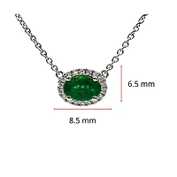 18K White Gold  Oval Cut Emerald and Diamond Halo Necklace, 16-18"