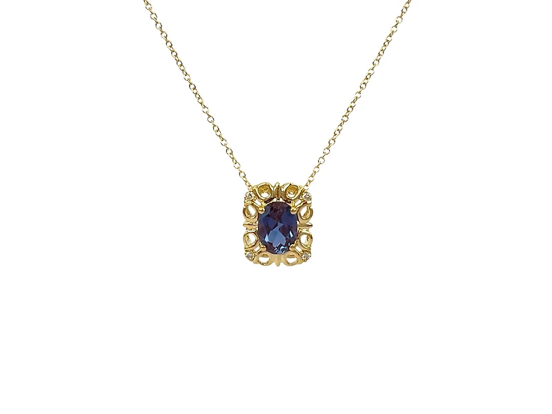 10K Yellow Gold 7x5mm Oval Cut Created Alexandrite and 0.03cttw Diamond Necklace - 18 Inches