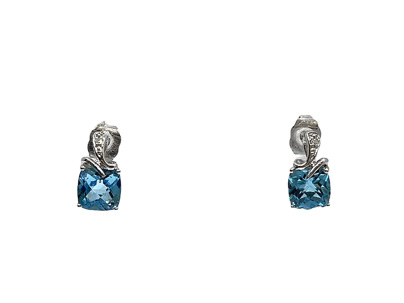 10K White Gold Swiss Blue Topaz and 0.01cttw Diamond Dangle Earrings