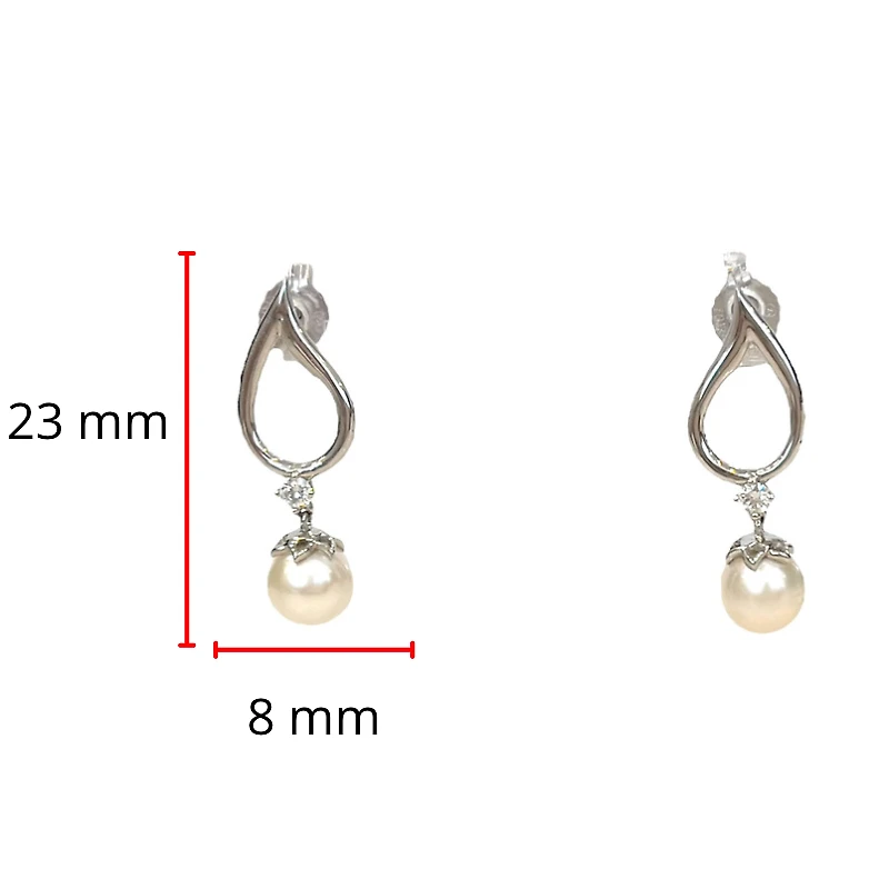 10K White Gold 6.5mm Cultured Pearl and 0.08cttw Canadian Diamond Dangle Earrings