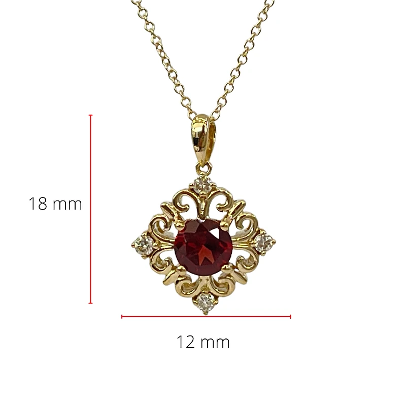 10K Yellow Gold 5mm Round Cut Garnet and 0.09cttw Diamond Pendant - 18 inches