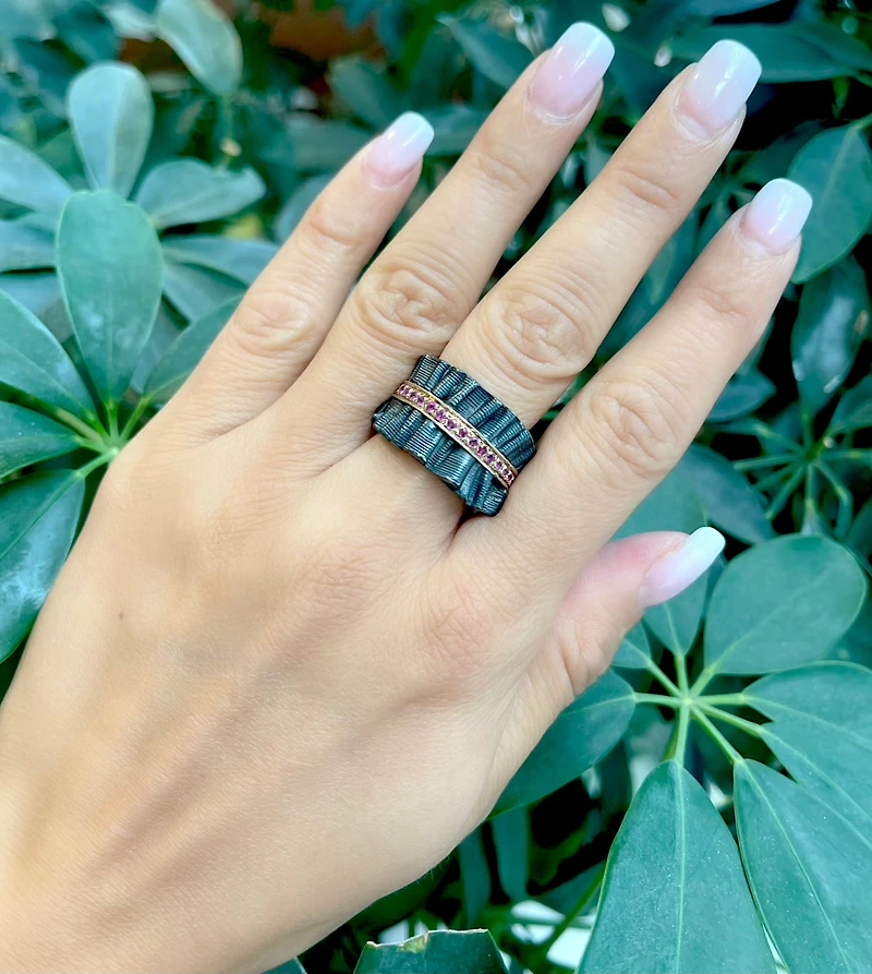 Oxidized Sterling Silver and 18K Gold Plated Ruby Ring, size 7.5