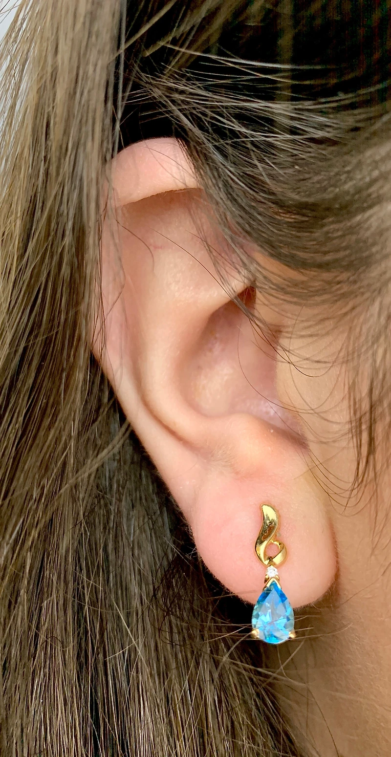 14K Yellow Gold Blue Topaz & 0.03cttw Diamond Earrings