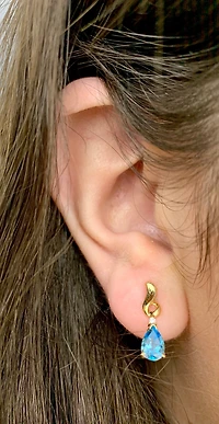 14K Yellow Gold Blue Topaz & 0.03cttw Diamond Earrings