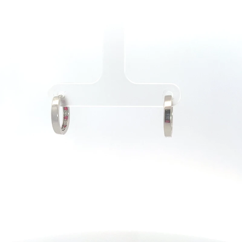 10K White Gold 0.16cttw Genuine Ruby & 0.03cttw Diamond Hoop Huggie Hinged Earrings