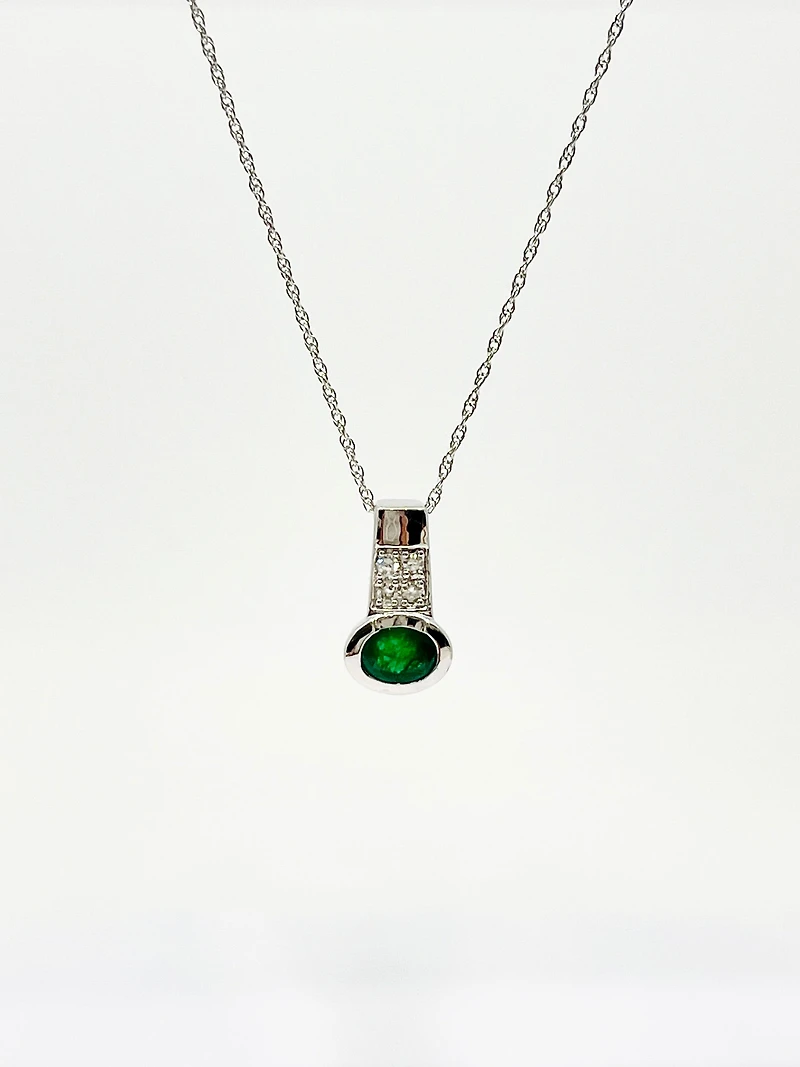 10K White Gold Genuine Emerald and Diamond Pendant, 18"