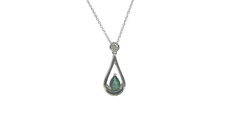 10K White Gold 6x4mm Pear Cut Emerald and 0.055cttw Diamond Pendant - 18 inches