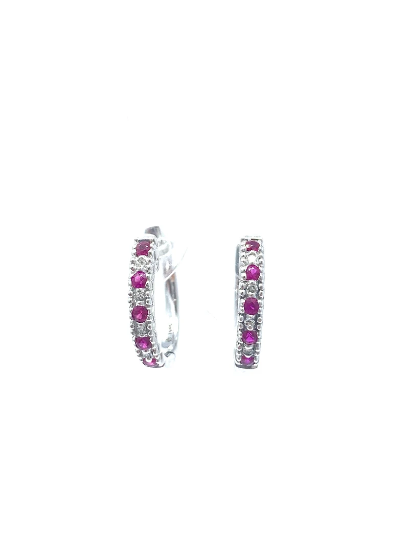 10K White Gold 0.20cttw Genuine Ruby and 0.04cttw Diamond Hoop Huggie Hinged Earrings