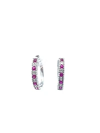 10K White Gold 0.20cttw Genuine Ruby and 0.04cttw Diamond Hoop Huggie Hinged Earrings