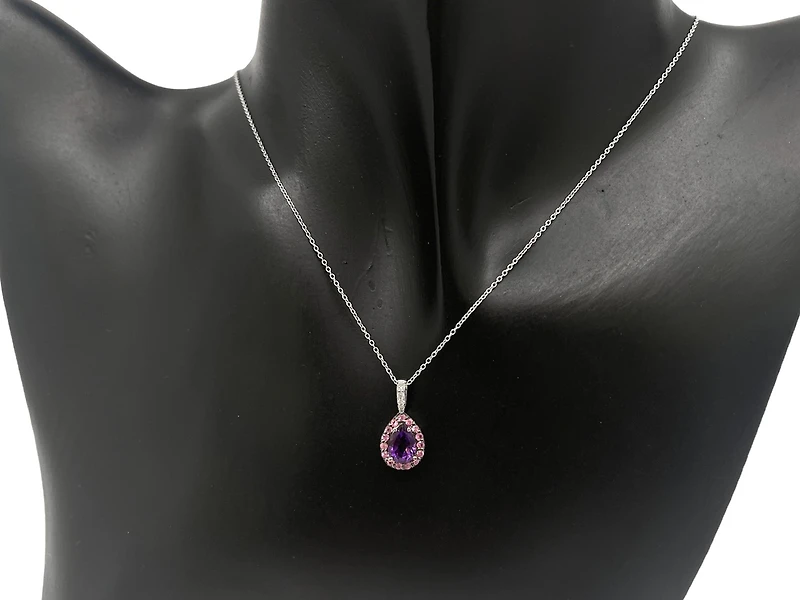 10K White Gold Amethyst, Pink Sapphire & Diamond Pendant, 18"