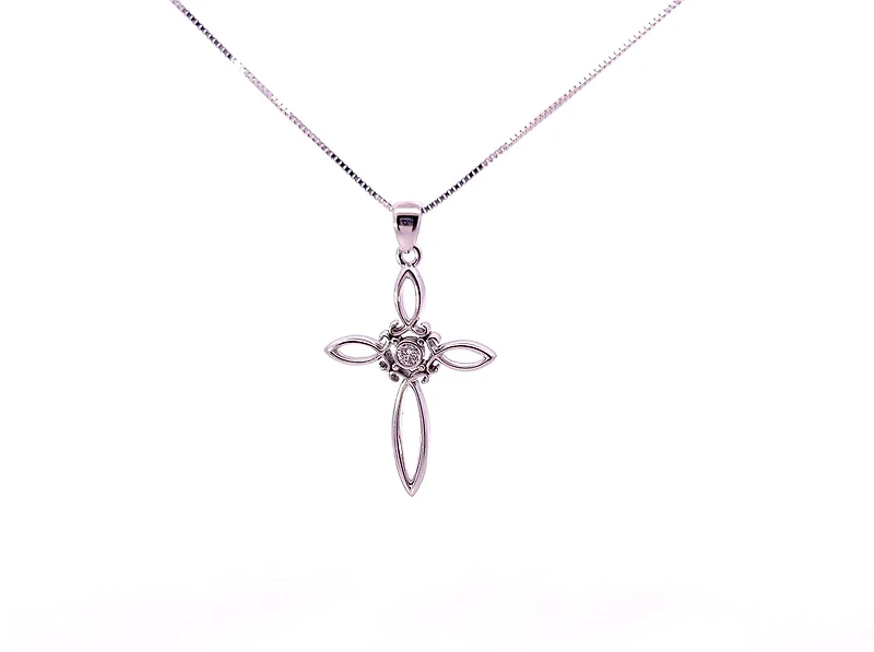 10K White Gold 0.05cttw Diamond Cross Necklace, 18"