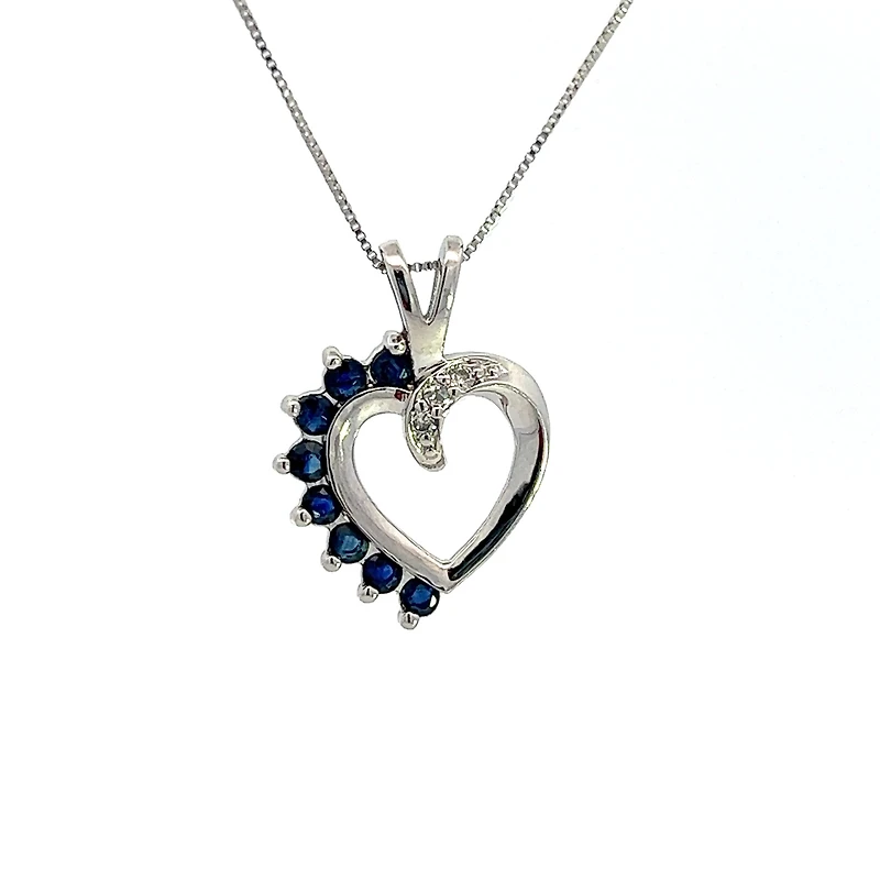 10K White Gold 0.03 cttw Diamond and Sapphire Heart Pendant, 18"