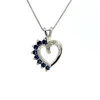 10K White Gold 0.03 cttw Diamond and Sapphire Heart Pendant, 18"