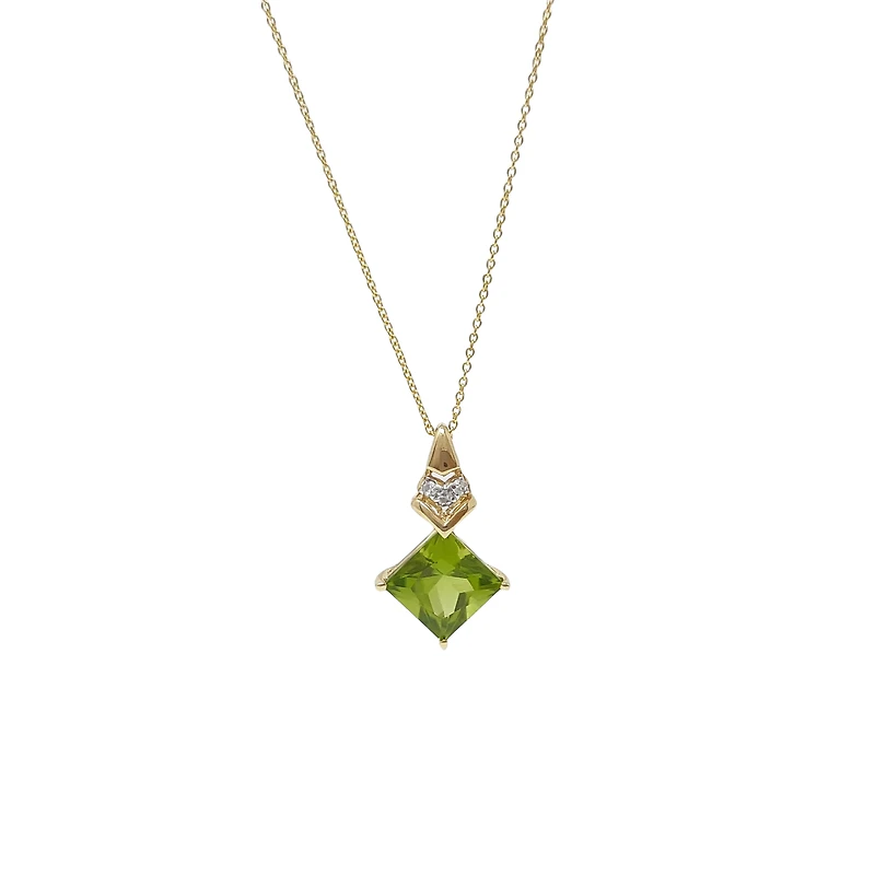 10K Yellow Gold 7mm Princess Cut Peridot and Diamond Pendant