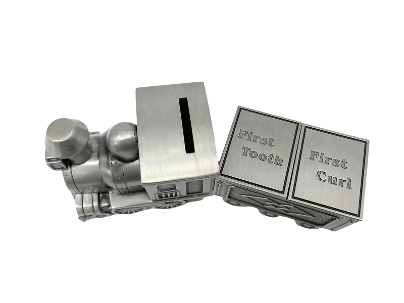 Pewter Engraveable Train Money Bank with First Curl and First Tooth Train Cars