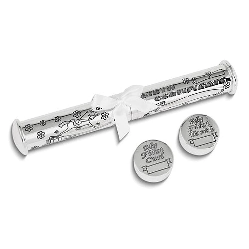Silver-plated Birth Certificate Holder, First Tooth, and First Curl in Wooden Memory Box Set