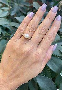 10K Yellow Gold Cultured Pearl and Diamond Ring, Size 6