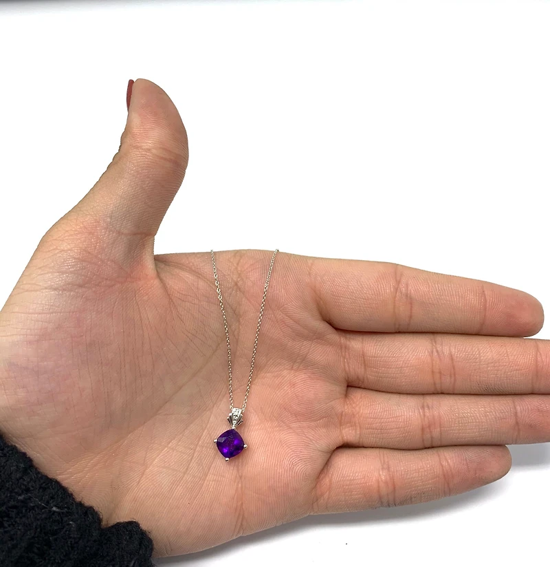 10K White Gold Amethyst & Diamond Pendant, 18"