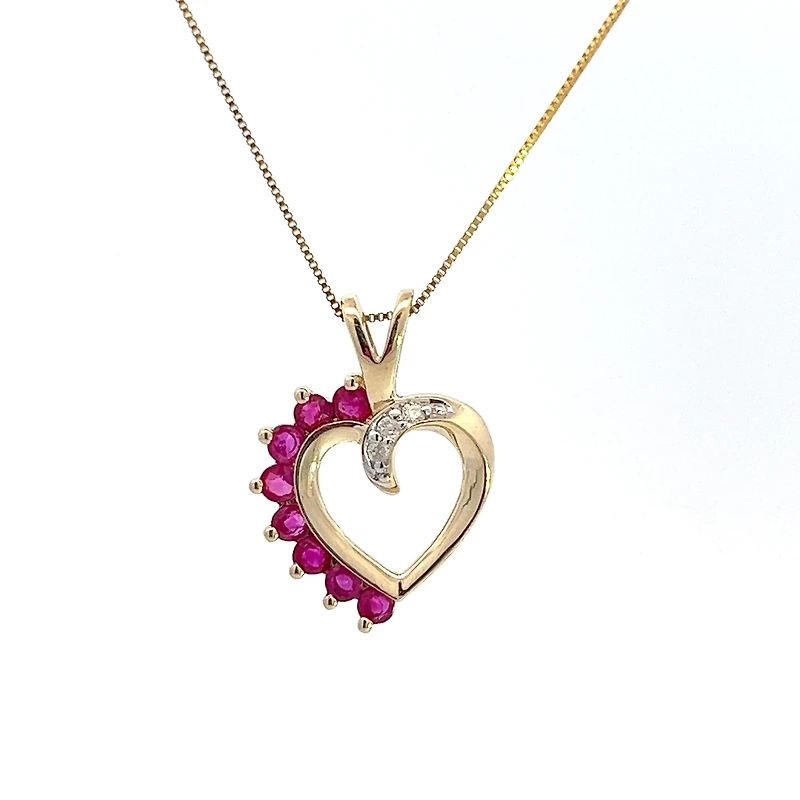 10K Yellow Gold 0.03 cttw Diamond and Ruby Heart Pendant, 18"