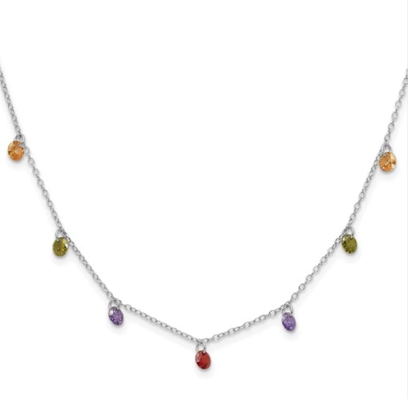 Sterling Silver Rhodium Plated 16 inch Dangling Colorful CZ Necklace with 2 inch Extender