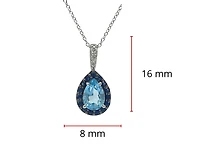 10K White Gold 7x5mm Pear Cut Sky Blue Topaz with Blue Sapphire Halo and 0.03cttw Diamond Necklace - 18 Inches