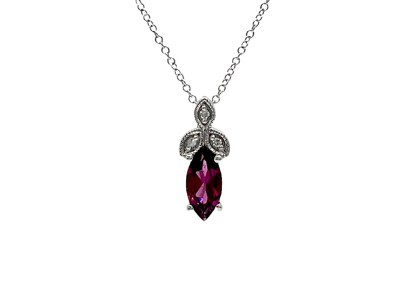 10K White Gold 8mm x 4mm Rhodalite Garnet and 0.02cttw Diamond Pendant with Rolo Chain - 18 Inches