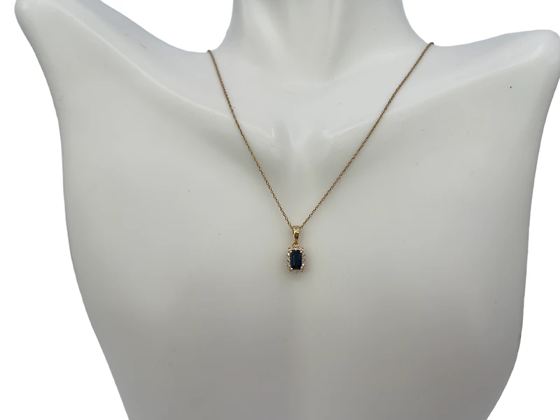 10K Yellow Gold 6x4mm Emerald Cut Sapphire and 0.04cttw Diamond Pendant, 18"