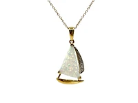 10K Yellow Gold Sail Boat Shaped Created Opal and 0.015cttw Diamond Necklace - 18 Inches