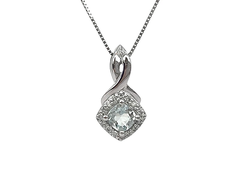 10K White Gold Aquamarine and Diamond Pendant, 18"