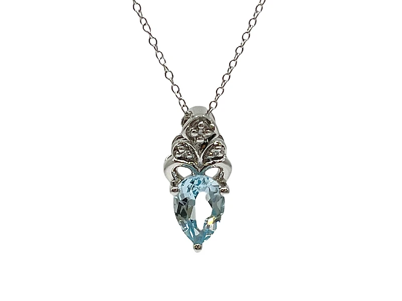 10K White Gold 7mm x 5mm Swiss Blue Topaz and 0.018cttw Diamond Necklace - 18 Inches