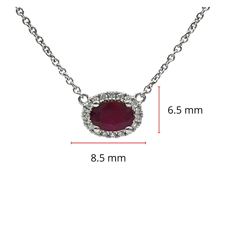 18K White Gold Ruby and Diamond Halo Necklace, 16-18"