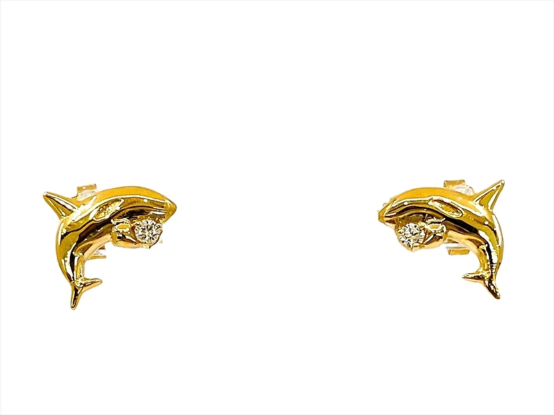14K Yellow Gold 0.06cttw Diamond Orca Earrings with Butterfly Backs - 12mm x 10mm