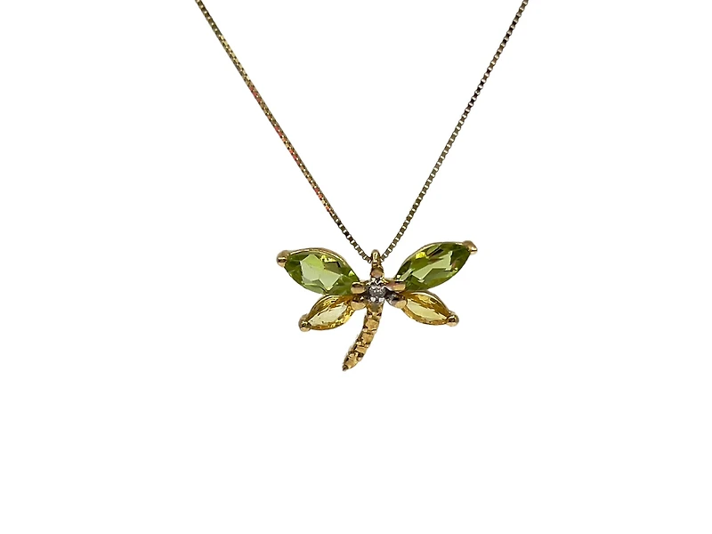 10K Yellow Gold Genuine Peridot, Genuine Yellow Sapphire and Diamond 0.01cttw Dragonfly Pendant, 18"