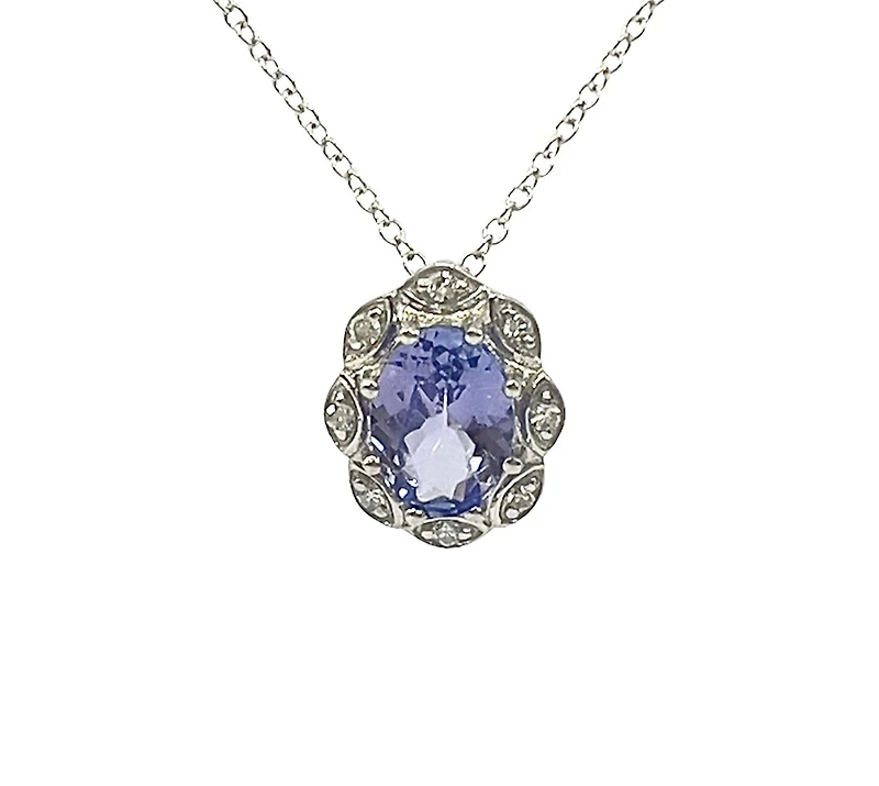 10K White Gold Tanzanite and Diamond Antique Halo Necklace, 18"