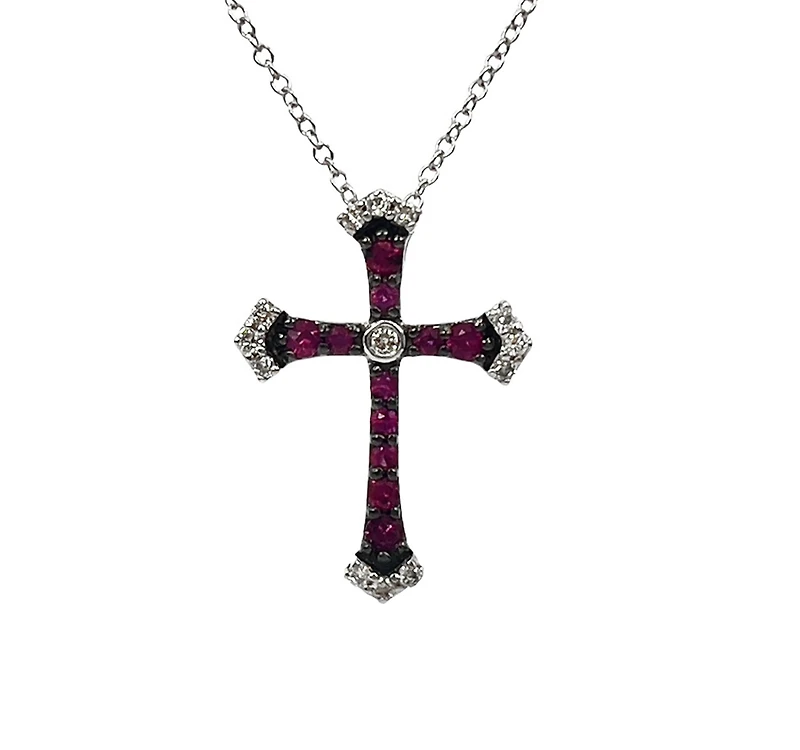10K White Gold 0.18cttw Ruby and 0.07cttw Diamond Cross Pendant - 18 inches