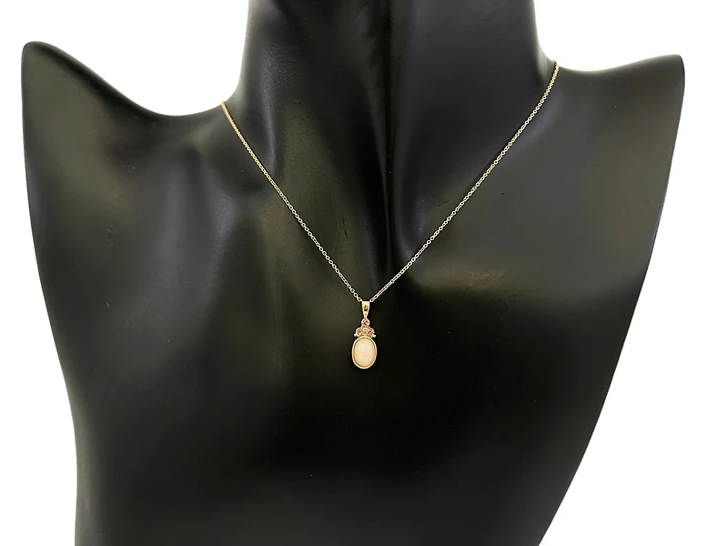 10K Yellow Gold 7x5mm Oval Cut Opal and Round Cut Pink Tourmaline Pendant - 18 Inches