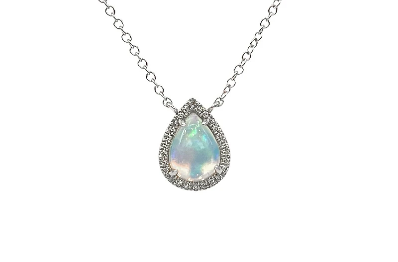 14K White Gold 0.76cttw Opal and 0.06cttw Diamond Halo Necklace, 18 Inches