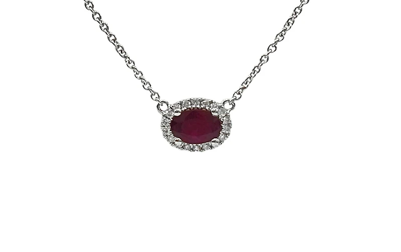 18K White Gold Ruby and Diamond Halo Necklace, 16-18"