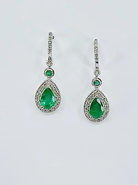10K White Gold Genuine Emerald & Diamond Earrings