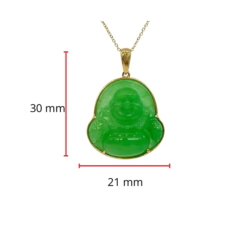 10K Yellow Gold 20mm Dyed Green Jade Buddha Pendant - 18"